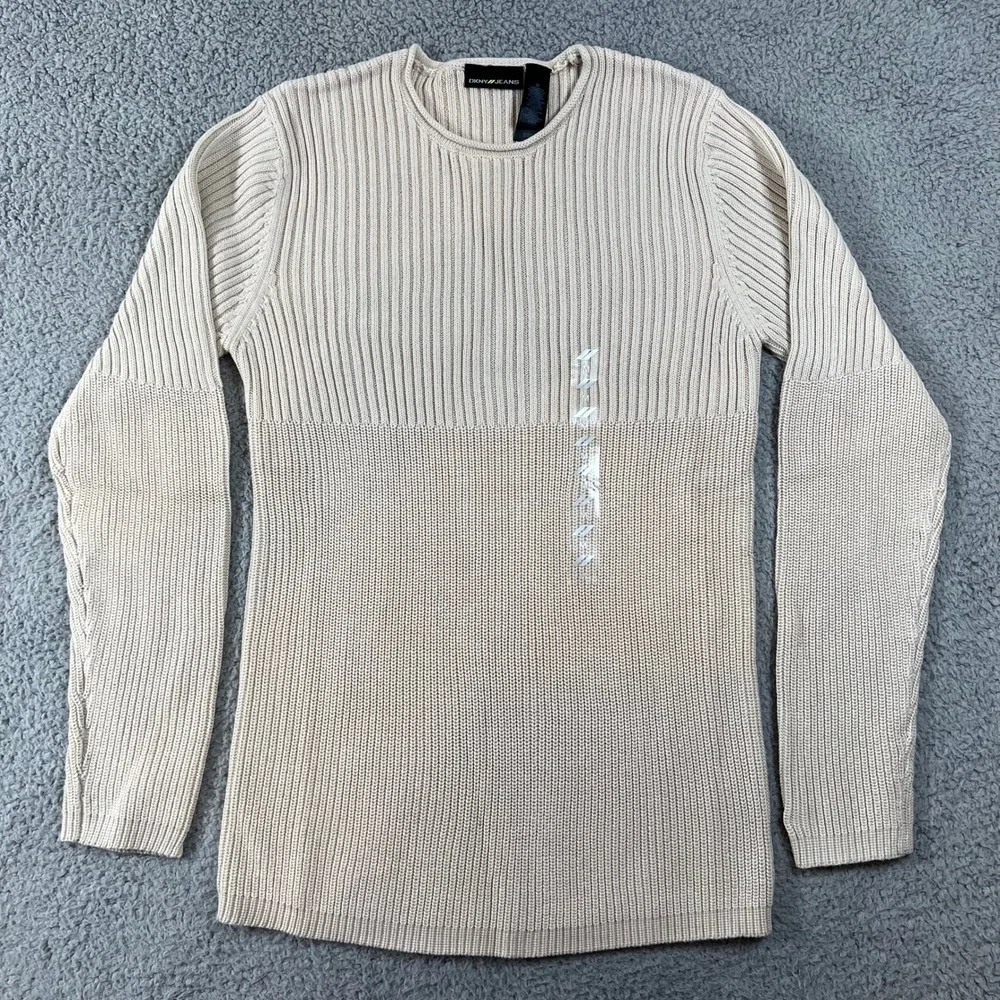 DKNY Jeans Men's Beige Ribbed Crew‎ Neck Long Sleeve Sweater Size M VTG NWT
